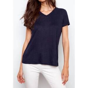 NEW CHARLIE B linen blend v neck tee in navy
